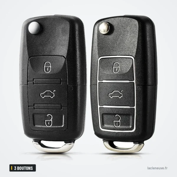 Coque de clé pliante 3 boutons pour Volkswagen Golf, Jetta, Passat, Polo - deux coques identiques, vue de face