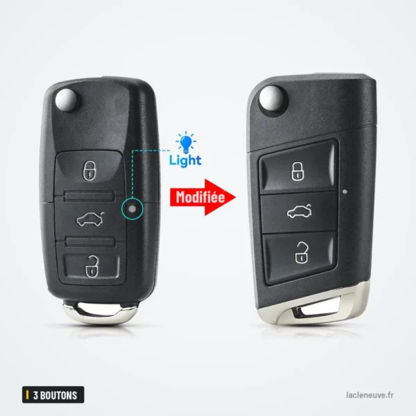 Coque de clé pliante 3 boutons pour Volkswagen Golf, Passat, Tiguan - comparaison de deux coques, voyant lumineux signalé