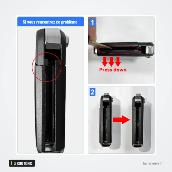 Coque de clé pliante 3 boutons pour Volkswagen Golf, Passat, Tiguan, Skoda - montage explicatif en trois étapes de démontage