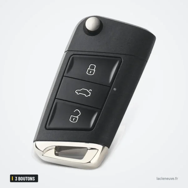 Coque de clé pliante 3 boutons pour Volkswagen Golf, Passat, Tiguan, Skoda - vue de face, boutons et bouton rond au sommet