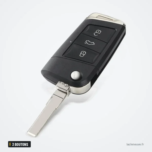 Coque de clé pliante 3 boutons pour Volkswagen Golf, Passat, Tiguan, Skoda - vue de profil, lame dépliée et trois boutons