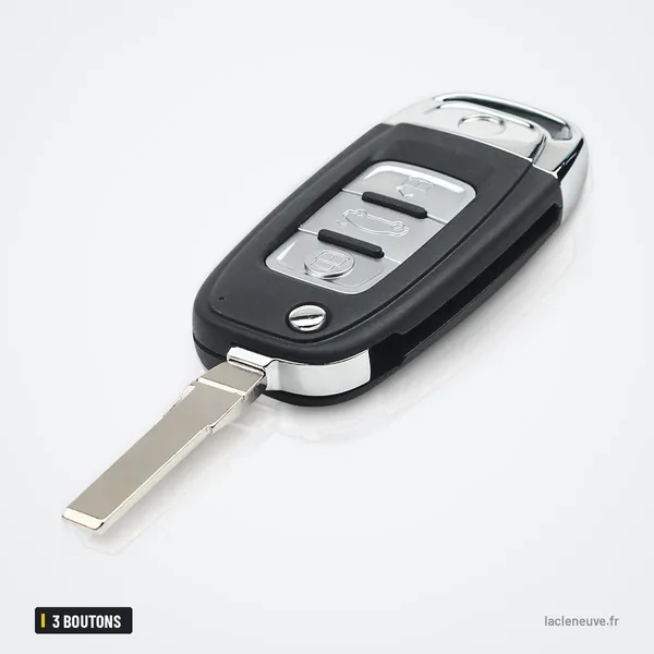 Coque de clé pliante 3 boutons pour Volkswagen Golf, Polo, Skoda Octavia - lame dépliée, vue de trois quarts