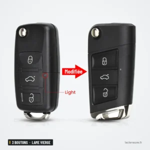 Coque de clé pliante 3 boutons pour Volkswagen Polo, Passat, Golf, lame vierge - deux versions comparées, vue de face