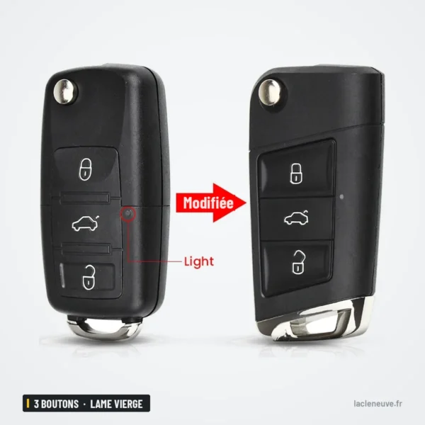 Coque de clé pliante 3 boutons pour Volkswagen Polo, Passat, Golf, lame vierge - deux versions comparées, vue de face