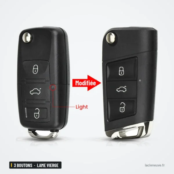 Coque de clé pliante 3 boutons pour Volkswagen Polo, Passat, Golf, lame vierge - deux versions comparées, vue inclinée