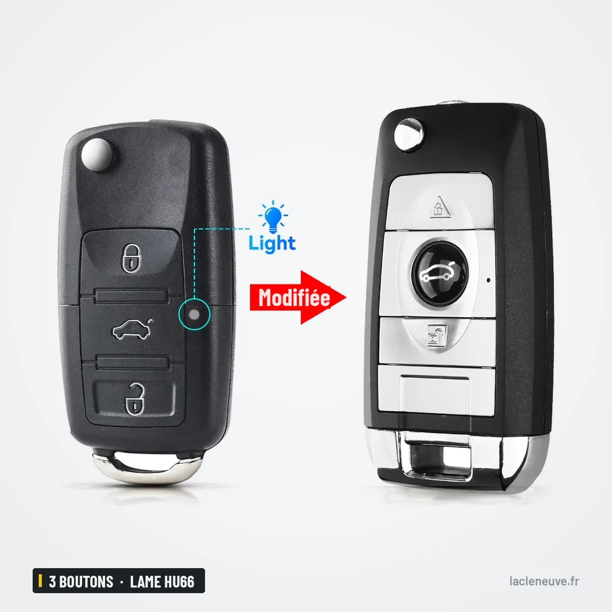 Coque de clé pliante 3 boutons pour VW Golf, Passat, Jetta, Polo - clé d'origine avec voyant lumineux, avant et après Coque de clé pliante 3 boutons pour VW Golf, Passat, Jetta, Polo - clé d'origine avec voyant lumineux, avant et après