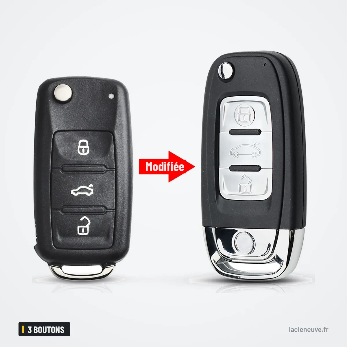 Coque de clé pliante 3 boutons pour VW Polo, Tiguan, Golf, Passat - comparaison avant et après transformation