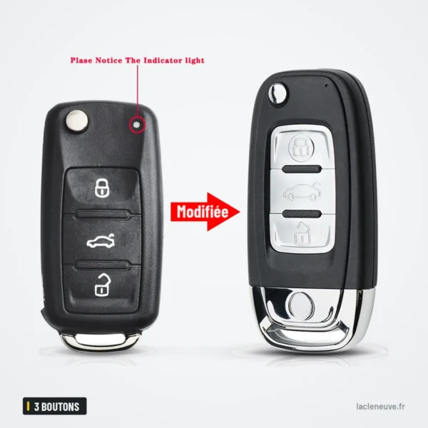 Coque de clé pliante 3 boutons pour VW Polo, Tiguan, Golf, Passat - voyant rouge signalé, avant et après transformation