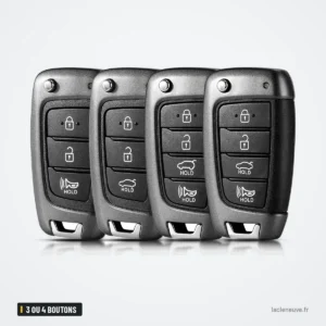 Coque de clé pliante 3 ou 4 boutons pour Hyundai Elantra, Accent, Kona, Verna - quatre exemplaires présentés en éventail Coque de clé pliante 3 ou 4 boutons pour Hyundai Elantra, Accent, Kona, Verna - quatre exemplaires présentés en éventail