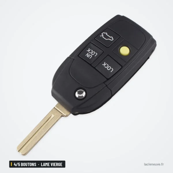 Coque de clé pliante 4/5 boutons pour Volvo S40, V70, S60, XC90, lame vierge - vue de face, boutons et lame droite visibles