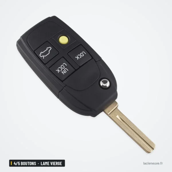 Coque de clé pliante 4/5 boutons pour Volvo S40, V70, S60, XC90, lame vierge - vue de trois quarts, lame de clé visible