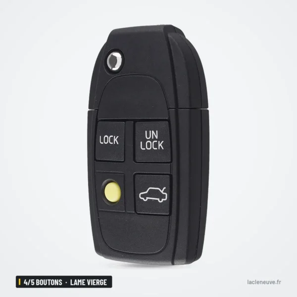 Coque de clé pliante 4/5 boutons pour Volvo S40, V70, S60, XC90, lame vierge - vue de face inclinée, quatre boutons visibles