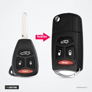 Coque de clé pliante 4 boutons pour Dodge, Chrysler, Jeep Grand Cherokee - clé d'origine et version transformée côte à côte Coque de clé pliante 4 boutons pour Dodge, Chrysler, Jeep Grand Cherokee - clé d'origine et version transformée côte à côte