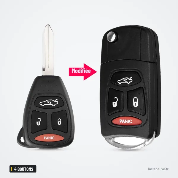 Coque de clé pliante 4 boutons pour Dodge, Chrysler, Jeep Grand Cherokee - clé d'origine et version transformée côte à côte