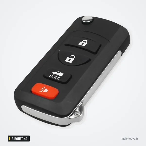 Coque de clé pliante 4 boutons pour Nissan Armada, Sentra, 350Z, Maxima - lame sortie, bouton rouge et texte visibles