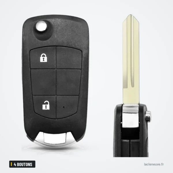 Coque de clé pliante 4 boutons pour Nissan Sentra, Versa, Altima, Qashqai - coque fermée et lame plate séparée côte à côte