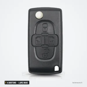 Coque de clé pliante 4 boutons pour Peugeot, Citroën, lame HU83 ou VA2 - clé pliante fermée, vue de face