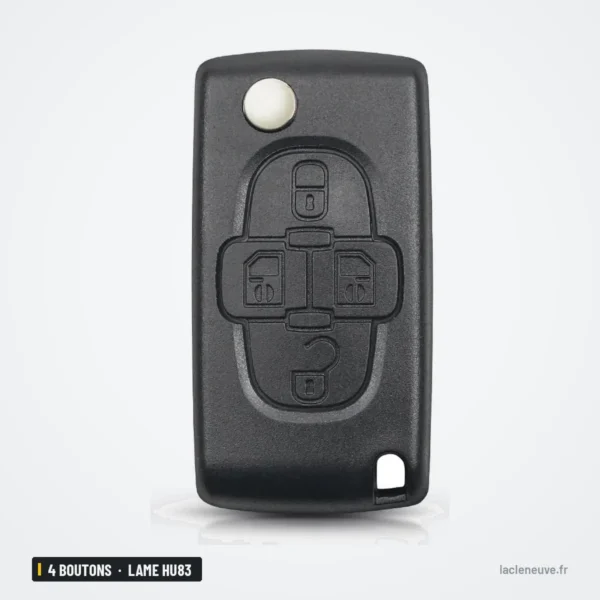 Coque de clé pliante 4 boutons pour Peugeot, Citroën, lame HU83 ou VA2 - clé pliante fermée, vue de face