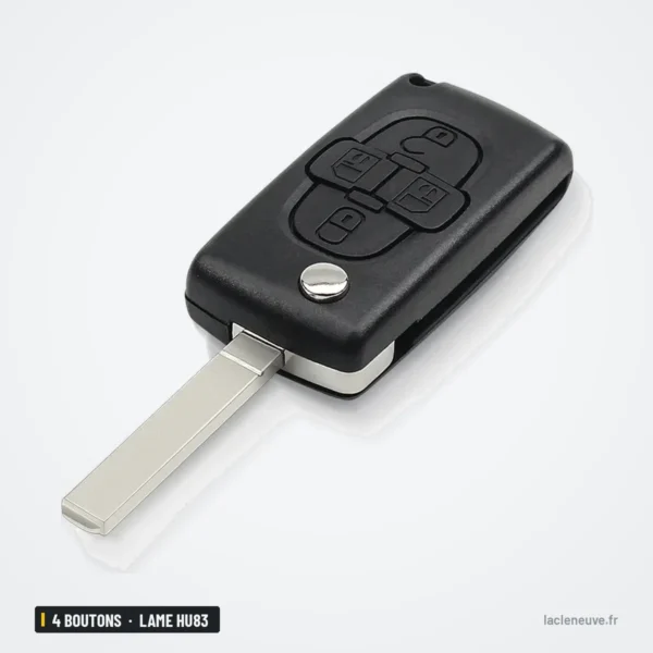 Coque de clé pliante 4 boutons pour Peugeot, Citroën, lame HU83 ou VA2 - clé dépliée, lame et boutons visibles