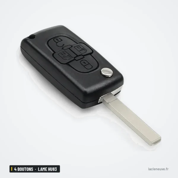 Coque de clé pliante 4 boutons pour Peugeot, Citroën, lame HU83 ou VA2 - clé dépliée vue de dos, lame sortie