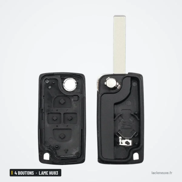 Coque de clé pliante 4 boutons pour Peugeot, Citroën, lame HU83 ou VA2 - coque ouverte en deux parties avec logement de pile