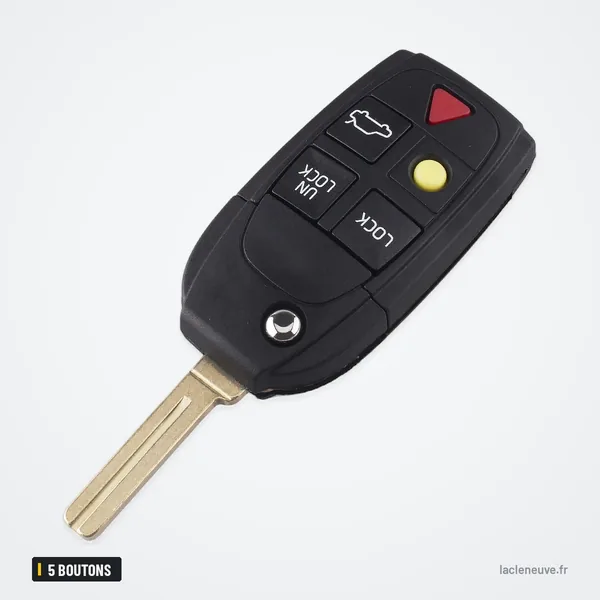 Coque de clé pliante 5 boutons pour Volvo XC90, XC70, V70, S60 - lame rentrée, boutons visibles