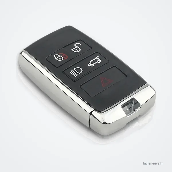 Coque de clé pliante pour Land Rover Range Rover Evoque, Jaguar XF, XK - coque chromée vue de dessus avec bouton alarme