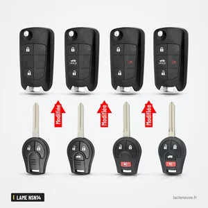 Coque de clé pliante pour Nissan Sentra, Versa, Altima, Qashqai, lame NSN14 - quatre coques et lames comparées côte à côte