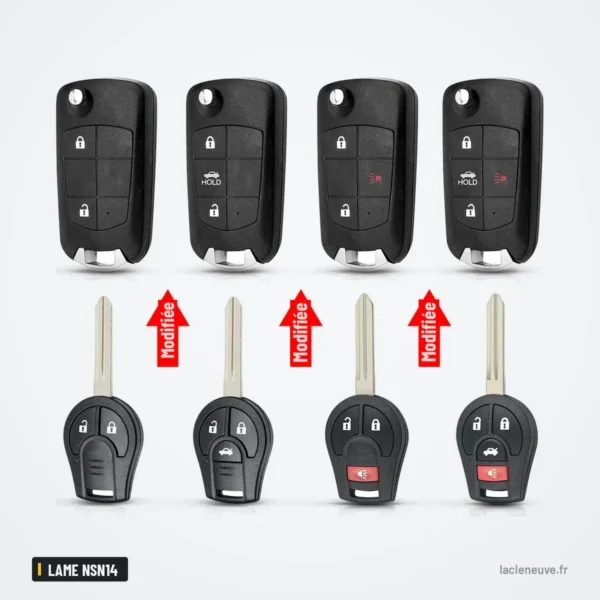 Coque de clé pliante pour Nissan Sentra, Versa, Altima, Qashqai, lame NSN14 - quatre coques et lames comparées côte à côte