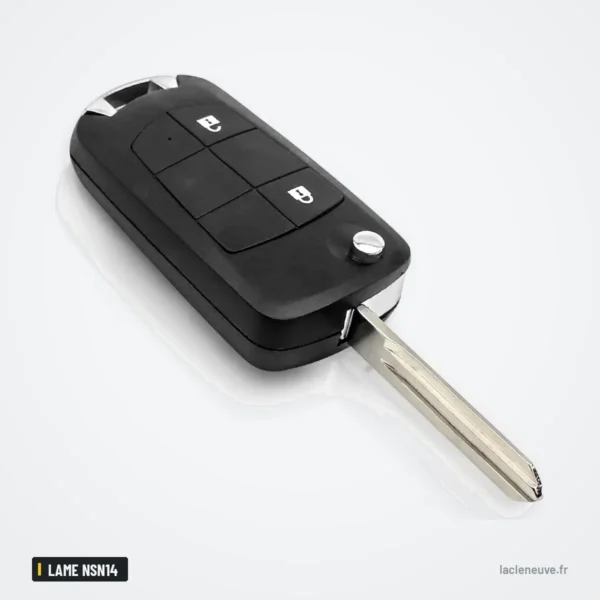 Coque de clé pliante pour Nissan Sentra, Versa, Altima, Qashqai, lame NSN14 - vue de profil, boutons visibles sur le côté