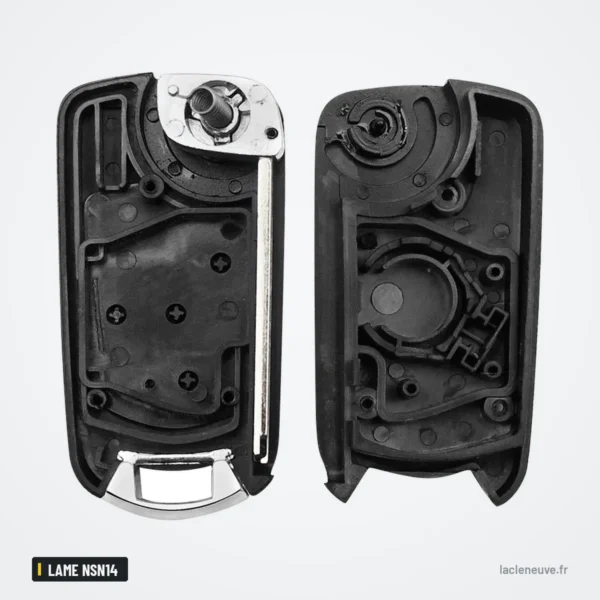 Coque de clé pliante pour Nissan Sentra, Versa, Altima, Qashqai, lame NSN14 - coque ouverte, mécanisme interne des deux côtés