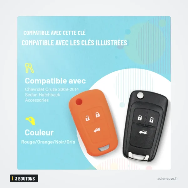 Coque de clé en silicone 3 boutons pour Chevrolet Cruze (2009-2014) - emballage avec visuel du produit et de la clé