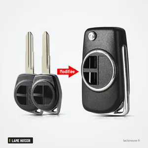 Coque de clé pour Suzuki Swift, Grand Vitara, SX4, lame HU133R ou SZ11R - deux lames brutes et clé transformée, flèche Coque de clé pour Suzuki Swift, Grand Vitara, SX4, lame HU133R ou SZ11R - deux lames brutes et clé transformée, flèche