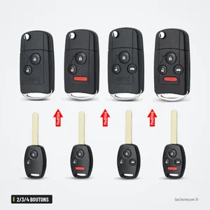 Coque de clé télécommande 2/3/4 boutons pour Honda Civic, CR-V, Accord - quatre versions, lame sortie, flèches de montage
