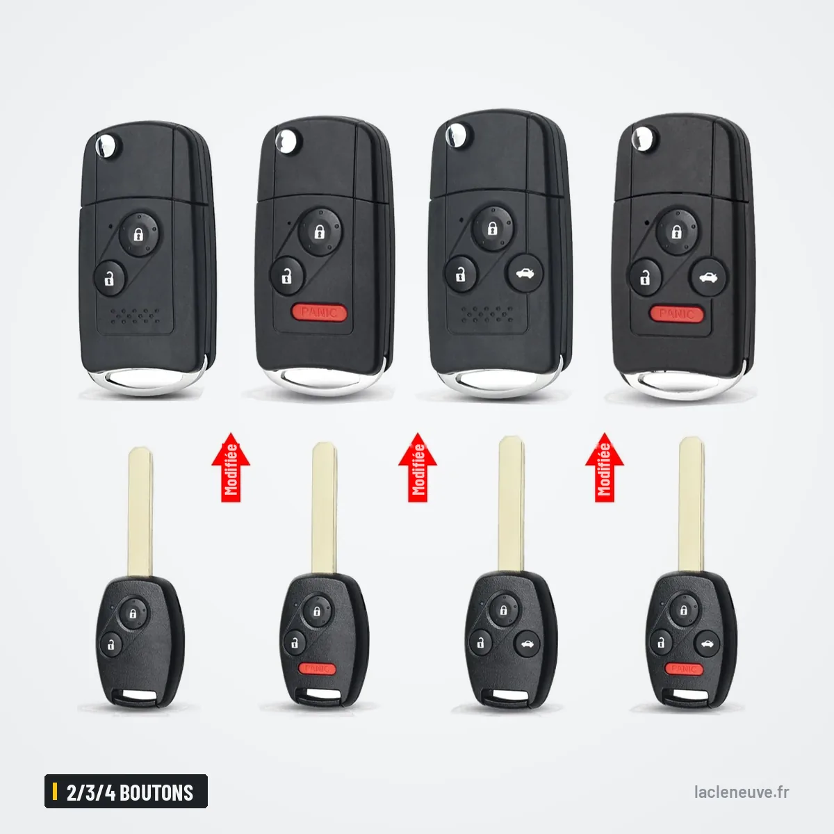 Coque de clé télécommande 2/3/4 boutons pour Honda Civic, CR-V, Accord - quatre versions, lame sortie, flèches de montage