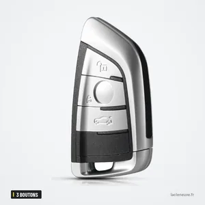 Coque de clé télécommande 3 boutons pour BMW Série 1, 2, 7, X5, X6 - vue de face légèrement inclinée, bords chromés Coque de clé télécommande 3 boutons pour BMW Série 1, 2, 7, X5, X6 - vue de face légèrement inclinée, bords chromés