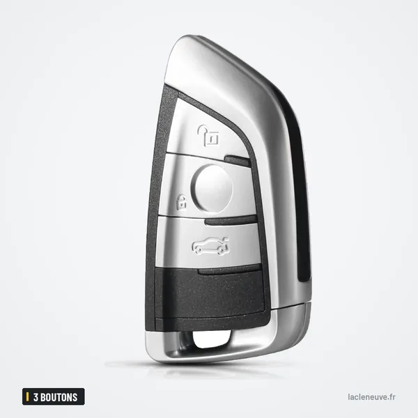 Coque de clé télécommande 3 boutons pour BMW Série 1, 2, 7, X5, X6 - vue de face légèrement inclinée, bords chromés
