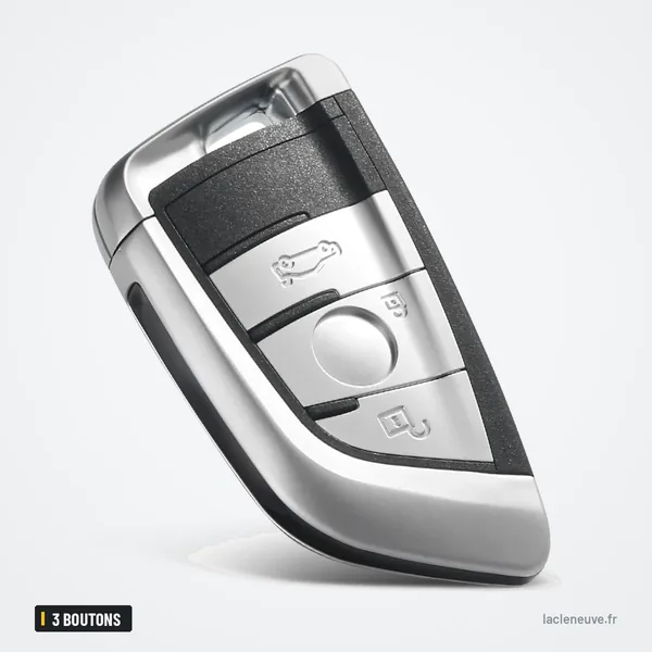 Coque de clé télécommande 3 boutons pour BMW Série 1, 2, 7, X5, X6 - vue inclinée, boutons et bord chromé