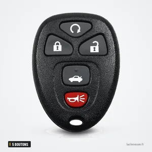 Coque de clé télécommande 5 boutons pour Buick LaCrosse, Chevrolet Malibu - vue de face, bouton démarrage et alarme rouge