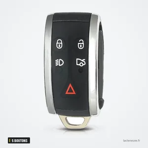 Coque de clé télécommande 5 boutons pour Jaguar X, XF, XK, XKR, avec lame - vue de face, cinq boutons et triangle sos Coque de clé télécommande 5 boutons pour Jaguar X, XF, XK, XKR, avec lame - vue de face, cinq boutons et triangle sos