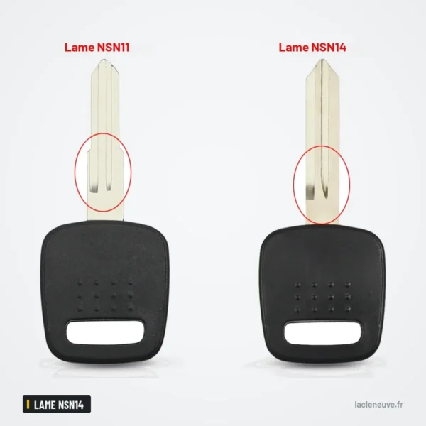 Coque de clé à transpondeur pour Nissan A32, A33, X-Trail - deux lames comparées, détail encerclé en rouge