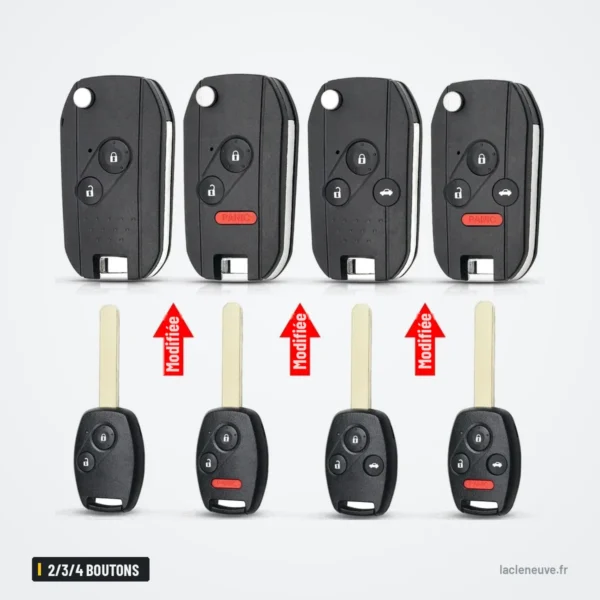Coque de télécommande 2/3/4 boutons pour Honda Accord, Civic, CR-V - quatre variantes de boutons, clé assortie en dessous