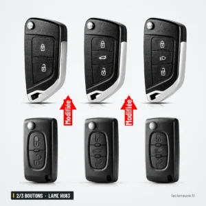 Coque de télécommande 2/3 boutons pour Peugeot 207, 307, 407, lame HU83 - six versions comparées avec flèches de modification