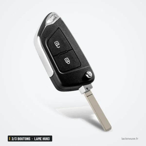 Coque de télécommande 2/3 boutons pour Peugeot 207, 307, 407, lame HU83 - lame dépliée, vue de face