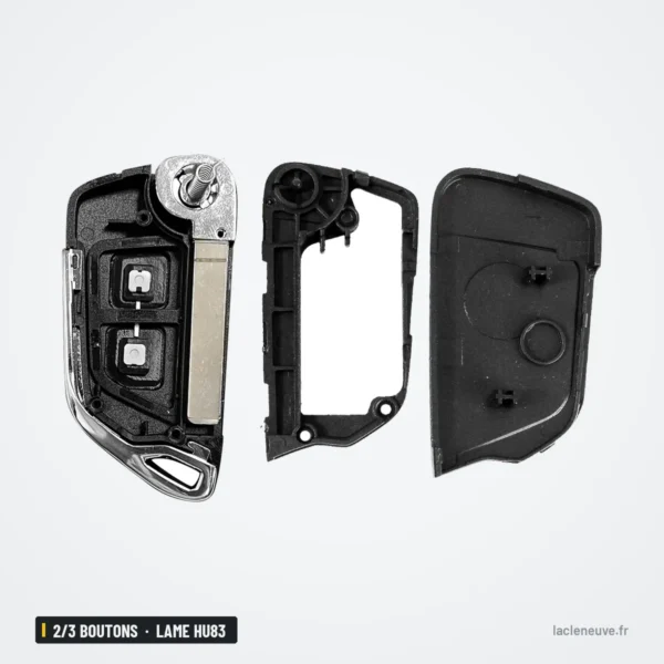 Coque de télécommande 2/3 boutons pour Peugeot 207, 307, 407, lame HU83 - vue éclatée, mécanisme et lame visibles