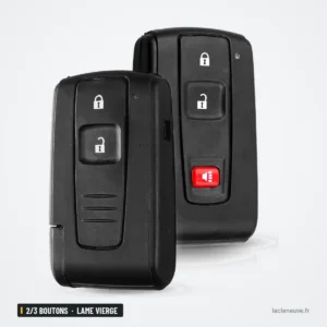 Coque de télécommande 2/3 boutons pour Toyota Prius, Corolla, lame vierge - deux télécommandes côte à côte, vue de face Coque de télécommande 2/3 boutons pour Toyota Prius, Corolla, lame vierge - deux télécommandes côte à côte, vue de face