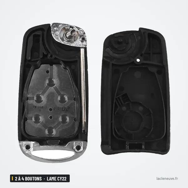 Coque de télécommande 2 à 4 boutons pour Chrysler, Dodge, Jeep, lame CY22 - coque ouverte, mécanisme à ressort visible