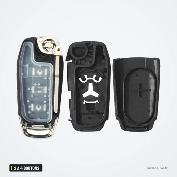 Coque de télécommande 2 à 4 boutons pour Ford F-150, Explorer, Focus, Fiesta - vue éclatée en trois éléments distincts