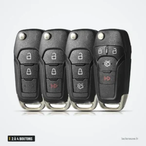 Coque de télécommande 2 à 4 boutons pour Ford Fiesta, Focus, Mondeo, Kuga - quatre coques alignées, vue de face