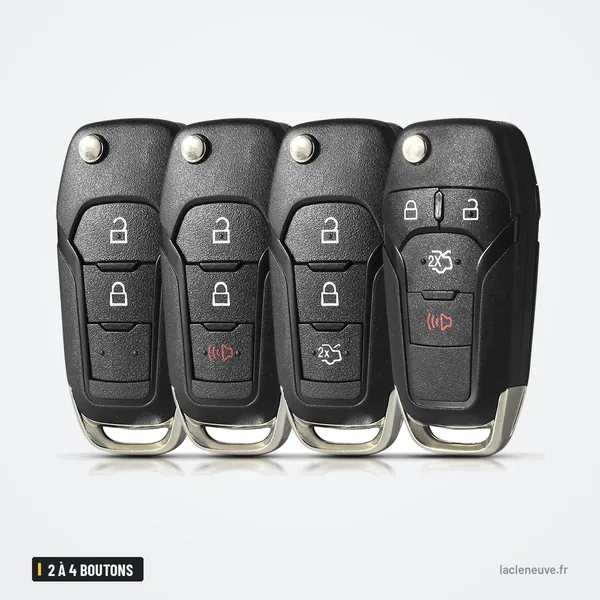 Coque de télécommande 2 à 4 boutons pour Ford Fiesta, Focus, Mondeo, Kuga - quatre coques alignées, vue de face